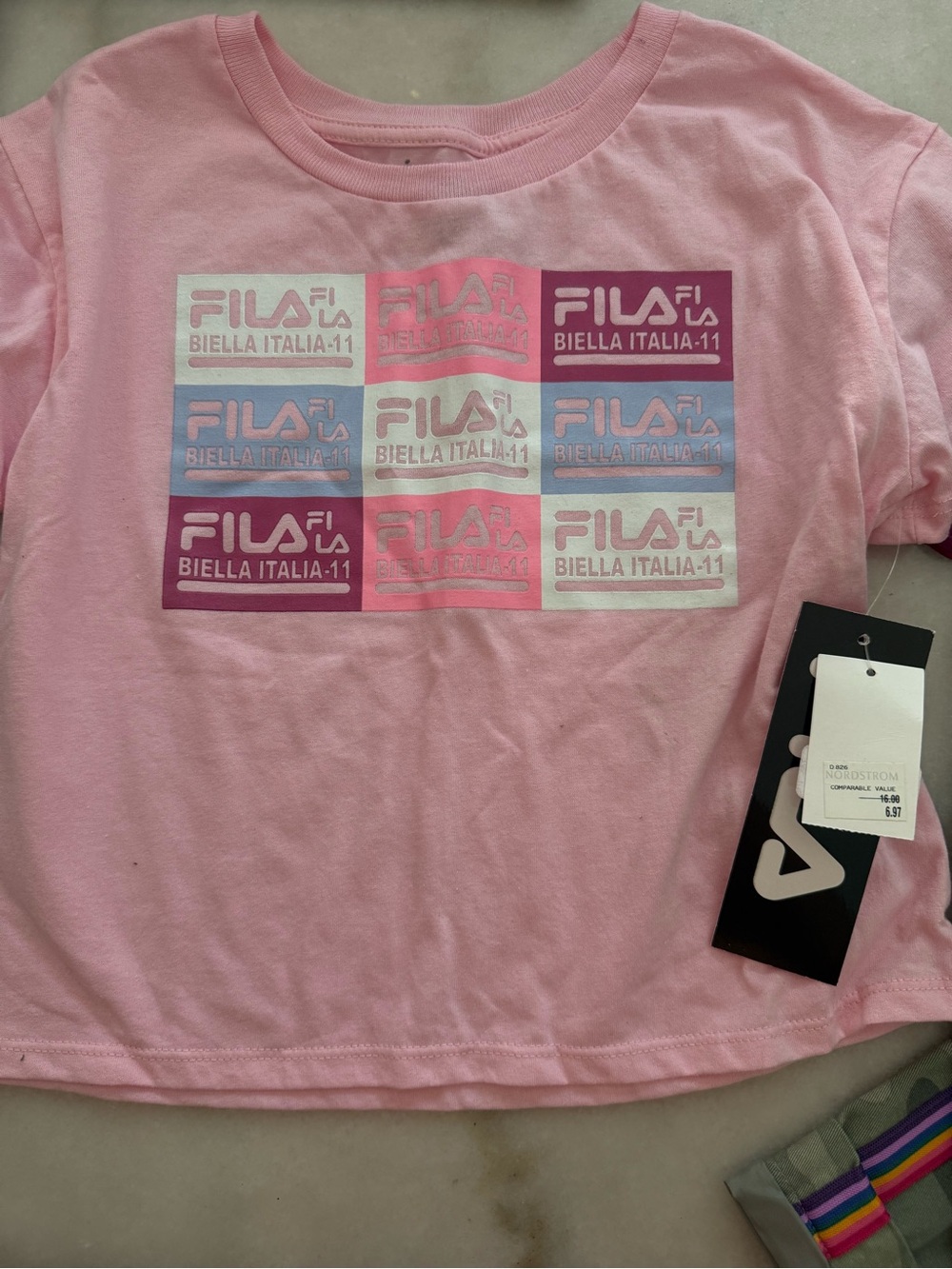 FILA Pink Short Sleeve Tee with Multicolor Logo Blocks